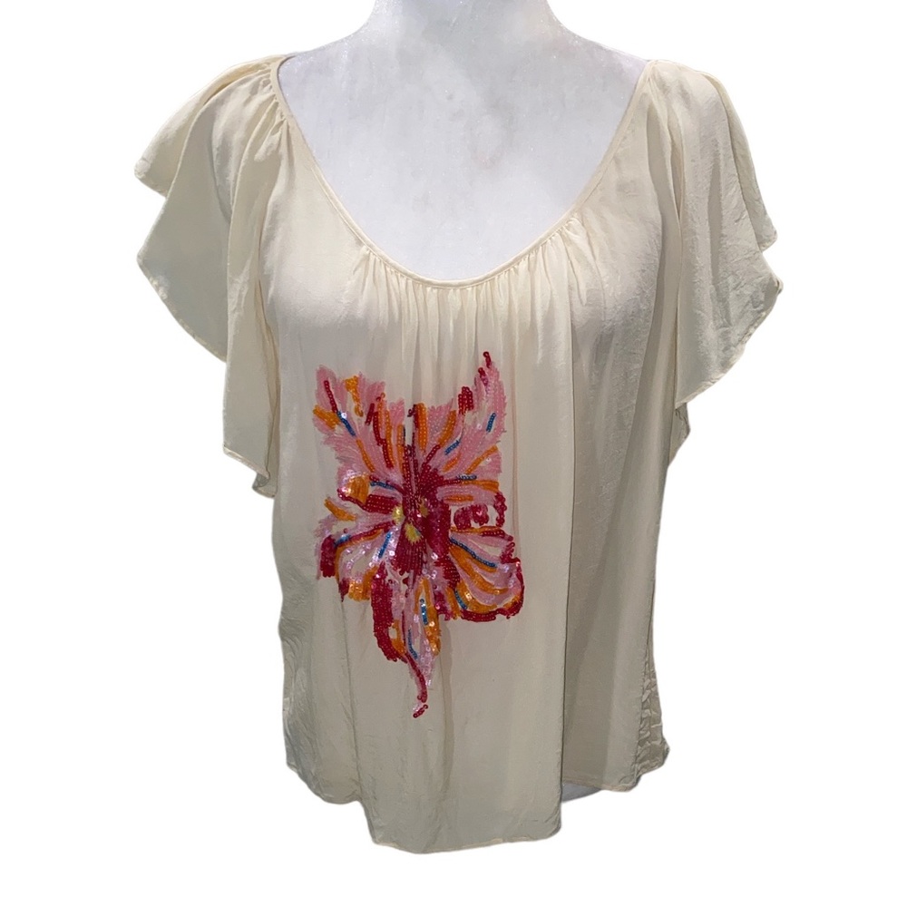 Anthropologie Lil Silk Ivory Flutter Sleeve Floral Sequin Top - 10 - Picture 3 of 12